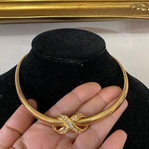 Vintage Gold Choker Necklace with Crystal Accents